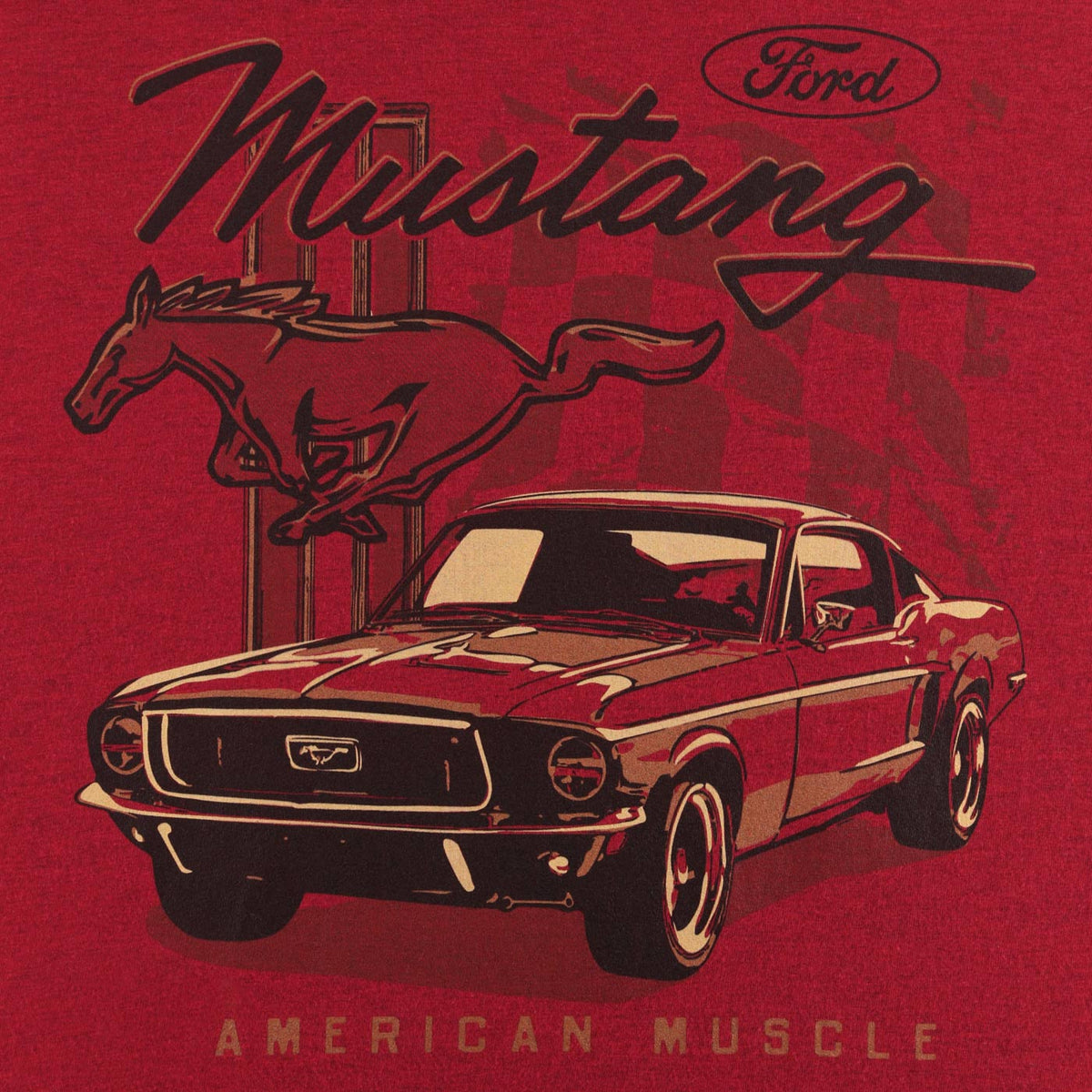 Vintage-style Ford Mustang graphic on a red background with 'American Muscle' text.