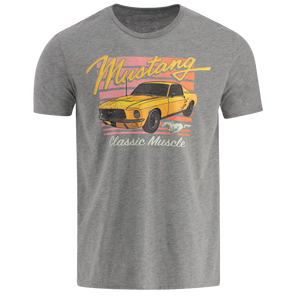 A gray Ford Mustang Men's Classic Muscle T-Shirt with a graphic of a classic yellow Mustang car and the text 'Mustang Classic Muscle'.
