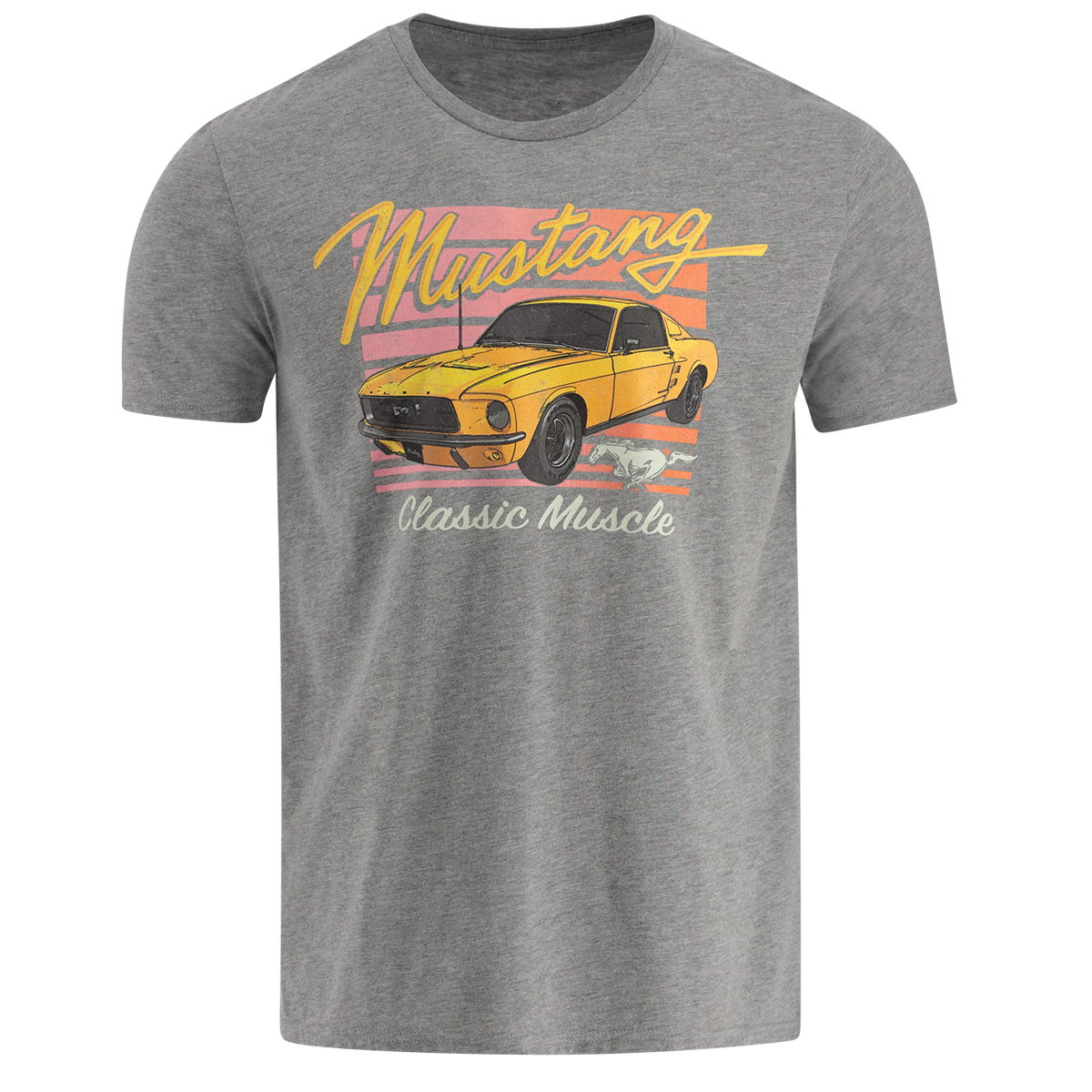 A gray Ford Mustang Men's Classic Muscle T-Shirt with a graphic of a classic yellow Mustang car and the text 'Mustang Classic Muscle'.
