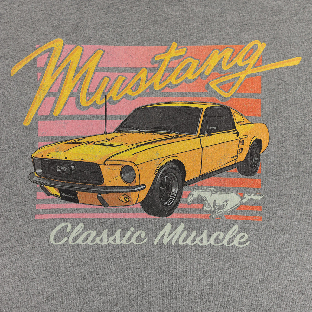 vintage yellow Mustang and Mustang text with a striped pink and orange backdrop on a gray background