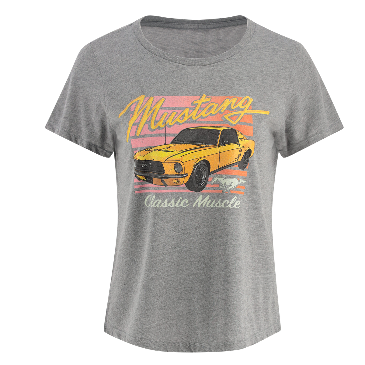 A gray Ford Mustang Women's Classic Muscle T-Shirt with a graphic of a yellow classic muscle car on the front.