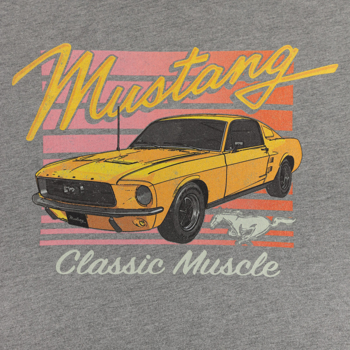 Yellow Mustang car graphic with pink and orange stripes on a gray background