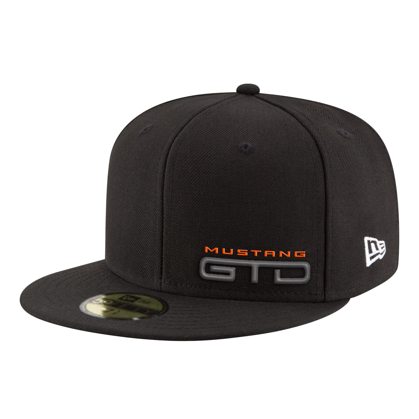A black Ford Mustang GTD flat bill cap with an embroidered logo on the front.
