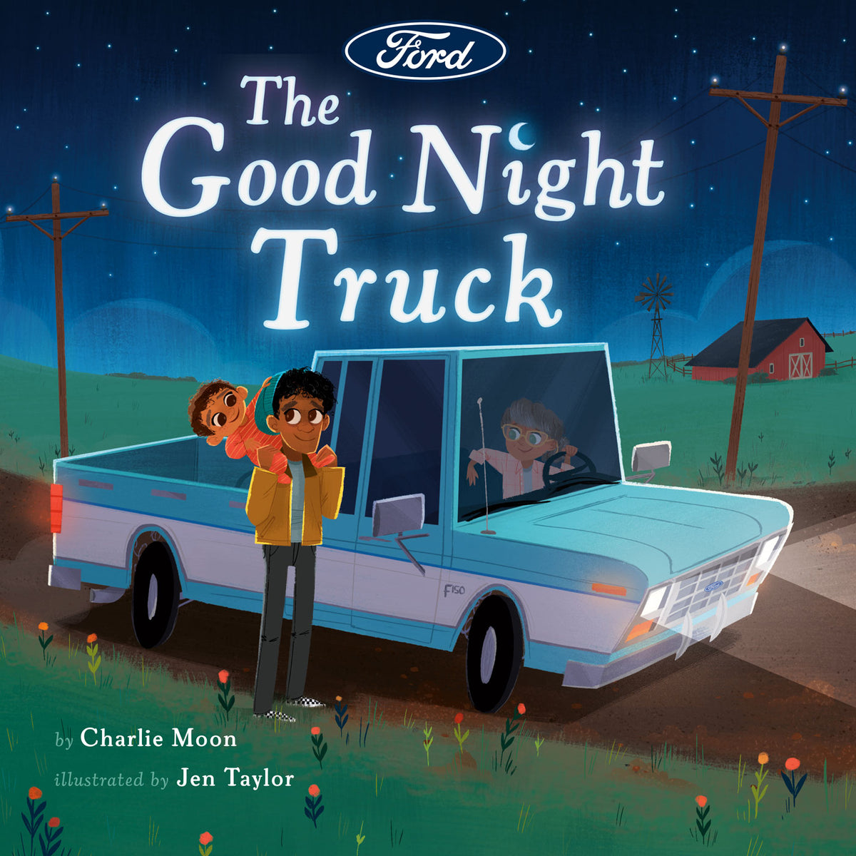 The cover of 'The Good Night Truck' book featuring an illustration of a blue pickup truck at night with a child standing next to it, under a dark sky with stars.