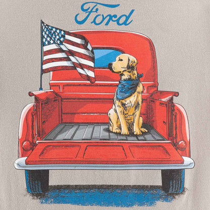 close up of dog sitting on ford red pick up truck on t shirt with American flag