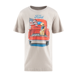 A youth T-shirt with a graphic print of a Ford truck, an American flag, and a dog.