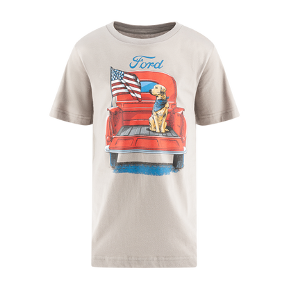 A youth T-shirt with a graphic print of a Ford truck, an American flag, and a dog.