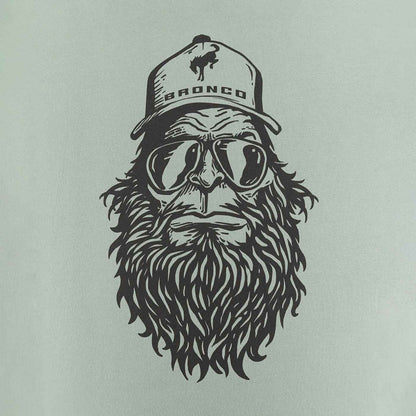 up close sasquatch graphic in sunglasses with bronco hat on mint green background