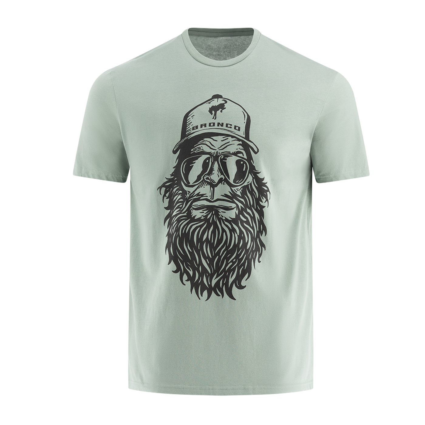 Men's T-shirt with a graphic print of a bearded Sasquatch wearing sunglasses and a hat, in a light color.