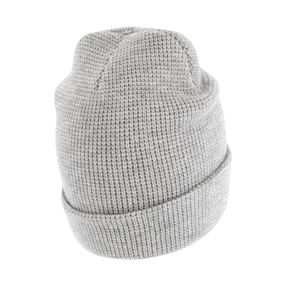 back of gray waffle knit hat with folded edge