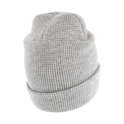 back of gray waffle knit hat with folded edge