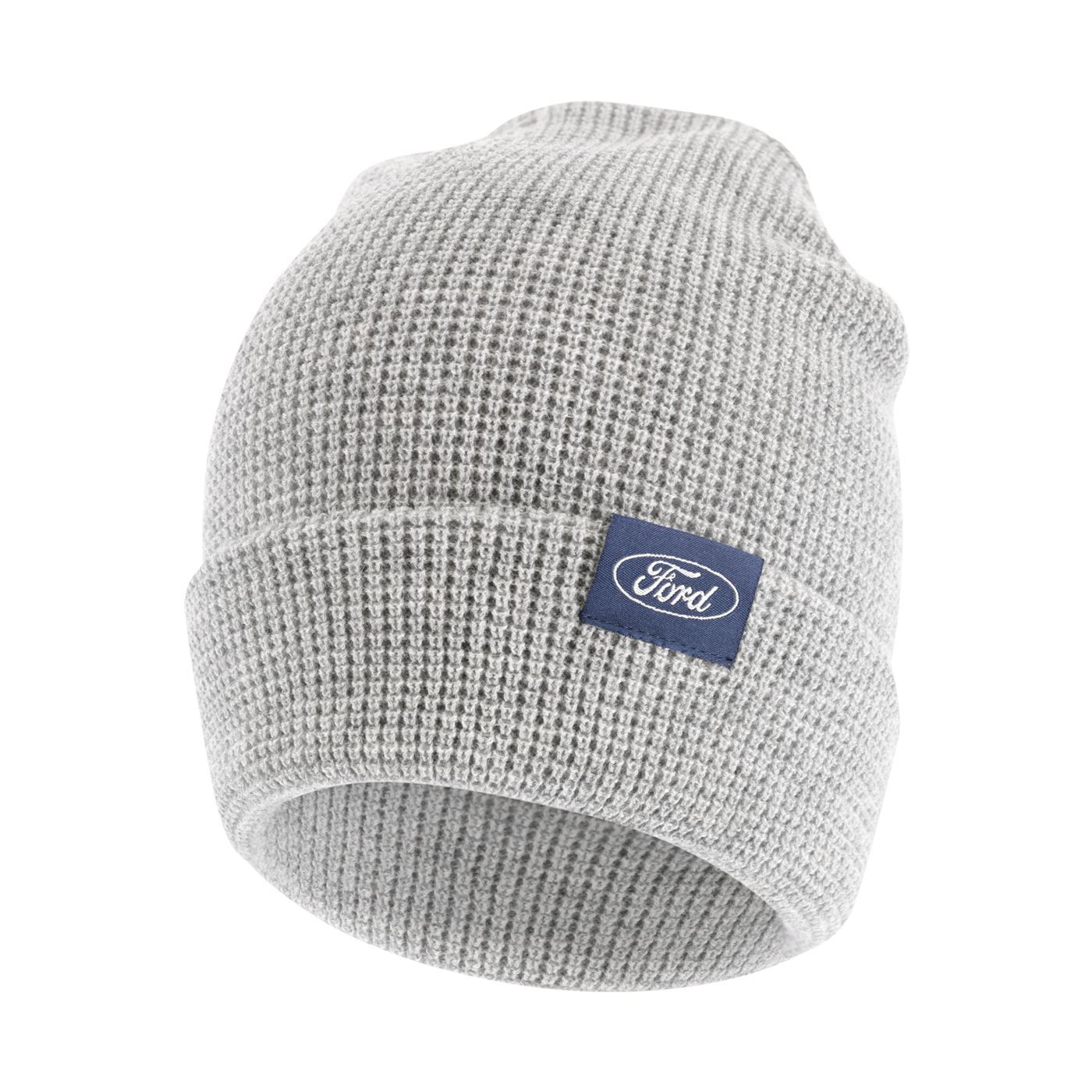 gray waffle knit hat with navy blue ford oval tag