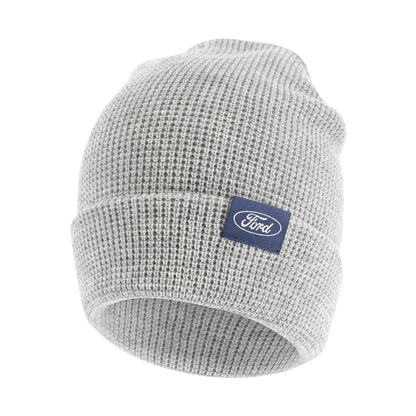 gray waffle knit hat with navy blue ford oval tag