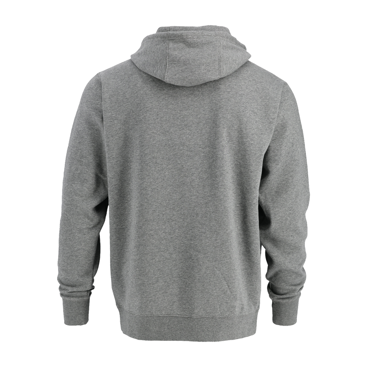 Gray hoodie shown from the back on a white background