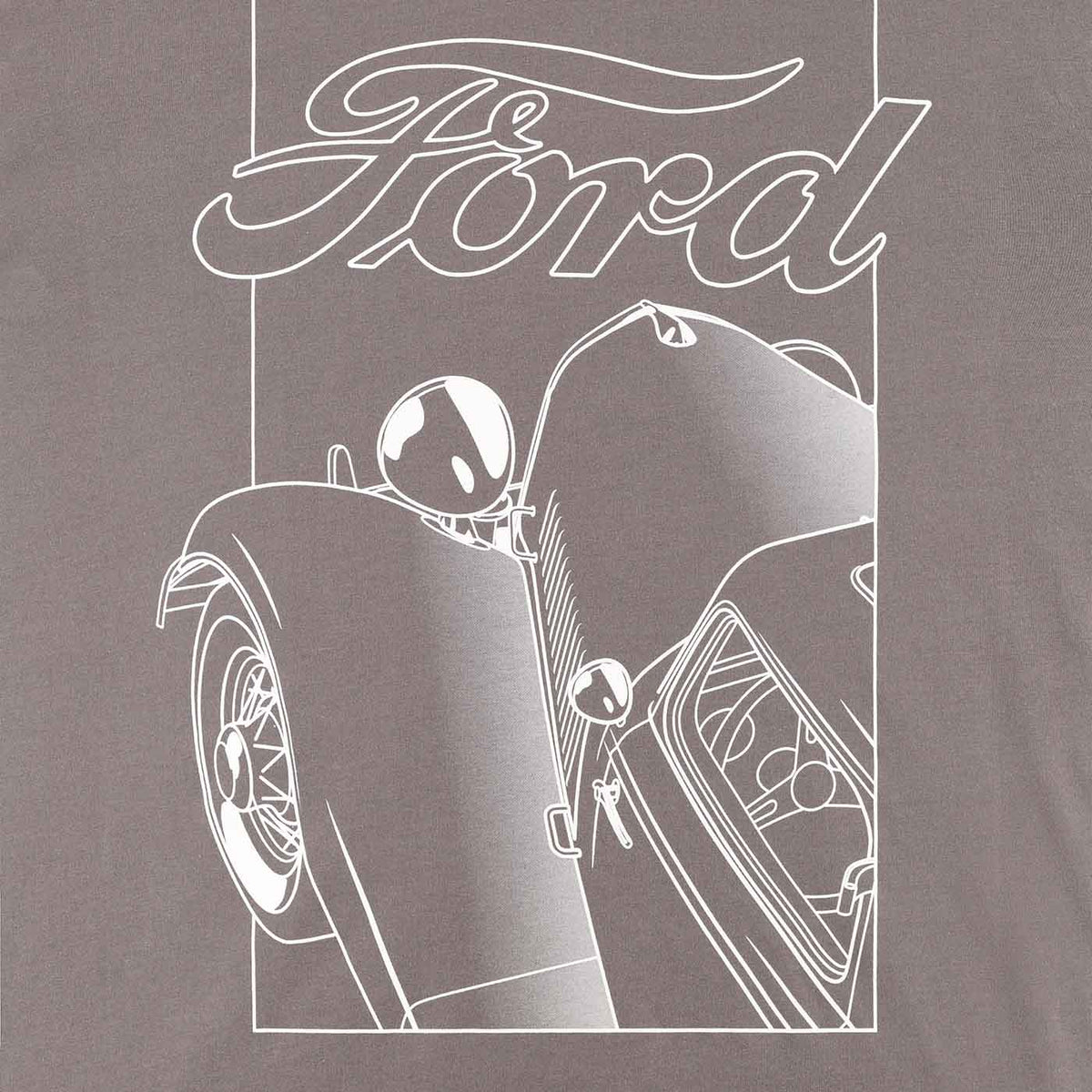 close up of graphic white line art drawing of vintage ford with ford script on charcoal background