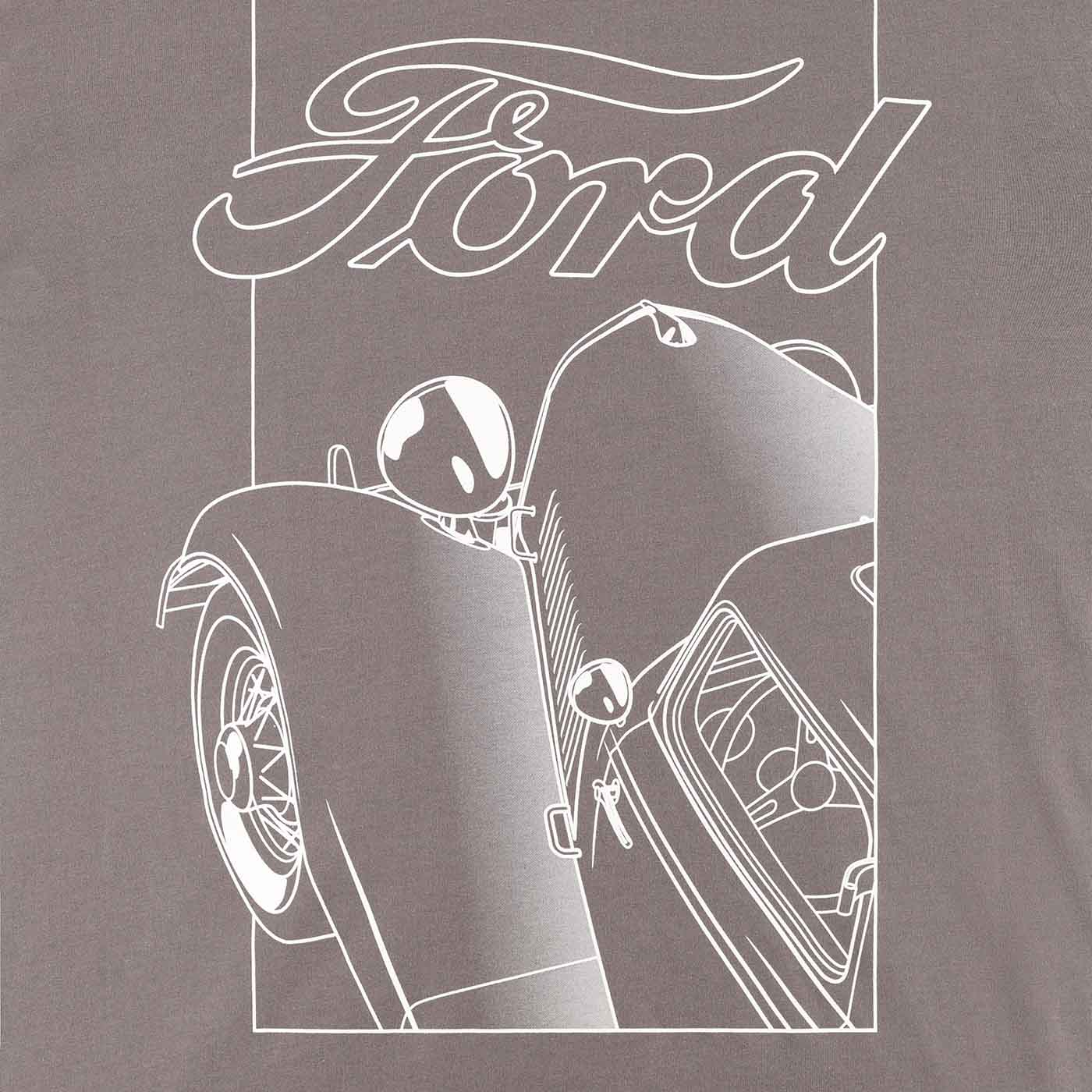 close up of graphic white line art drawing of vintage ford with ford script on charcoal background