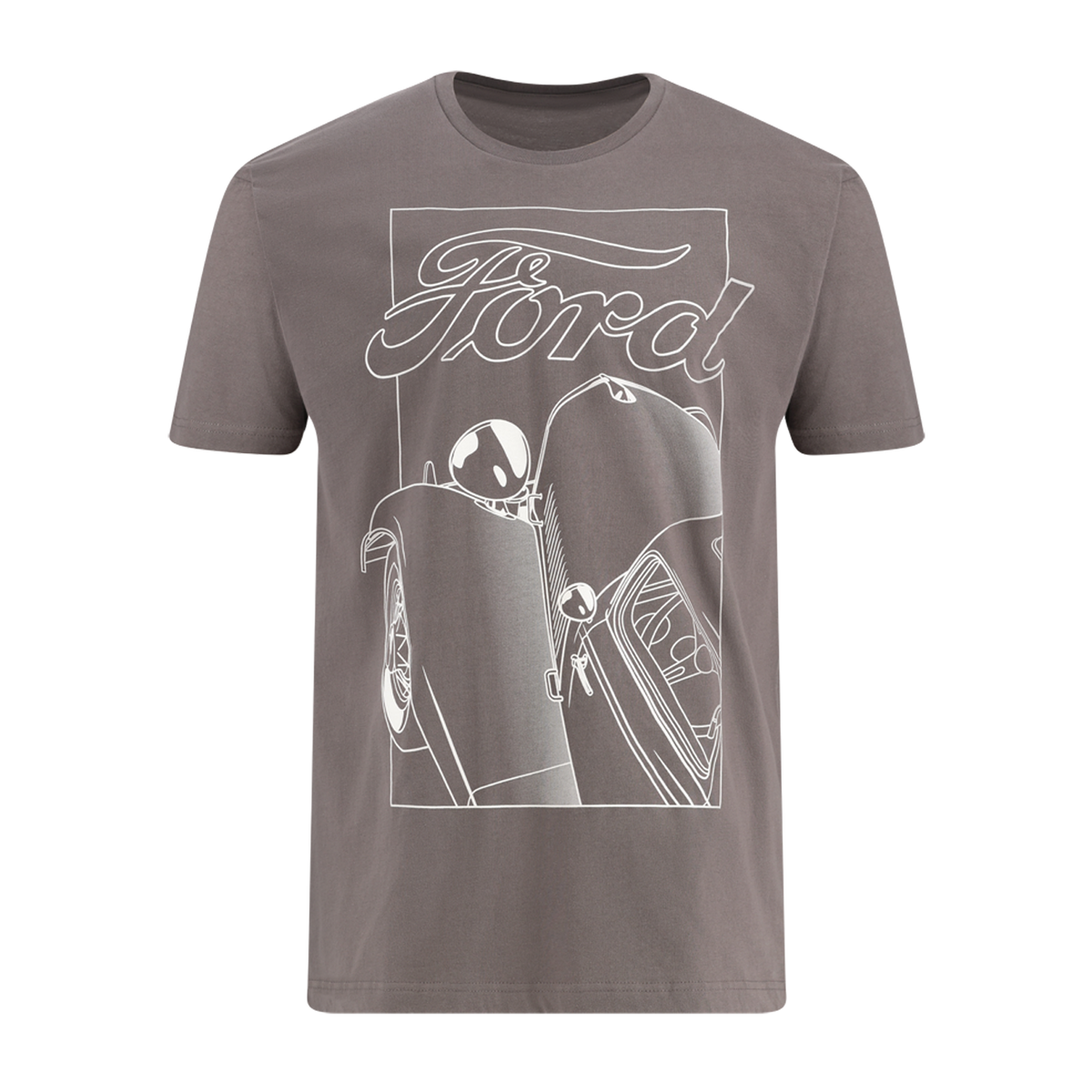 graphic white line art drawing of vintage ford with ford script on charcoal short sleeve t-shirt
