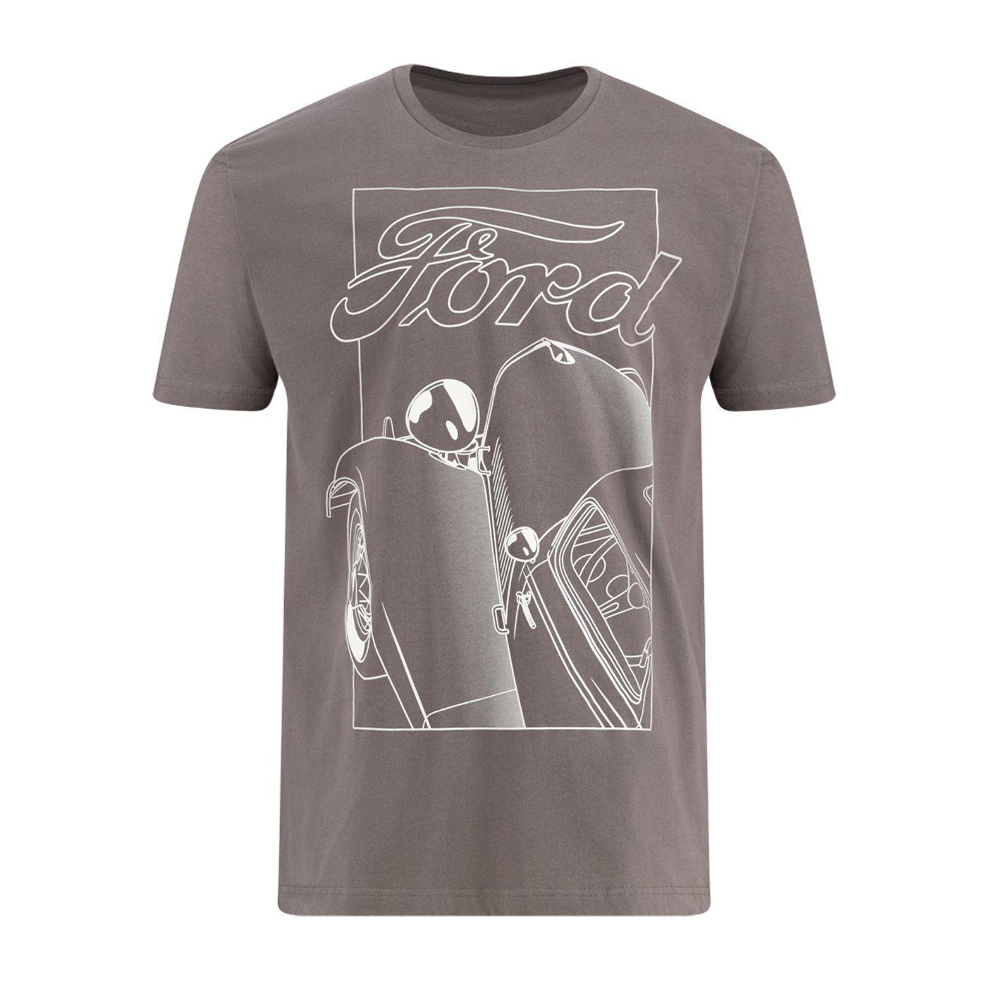 graphic white line art drawing of vintage ford with ford script on charcoal short sleeve t-shirt