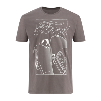 graphic white line art drawing of vintage ford with ford script on charcoal short sleeve t-shirt