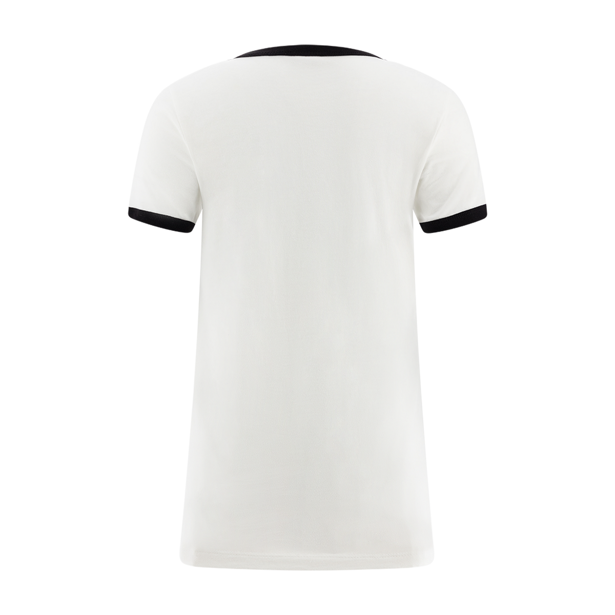 White t-shirt with black trim on a white background