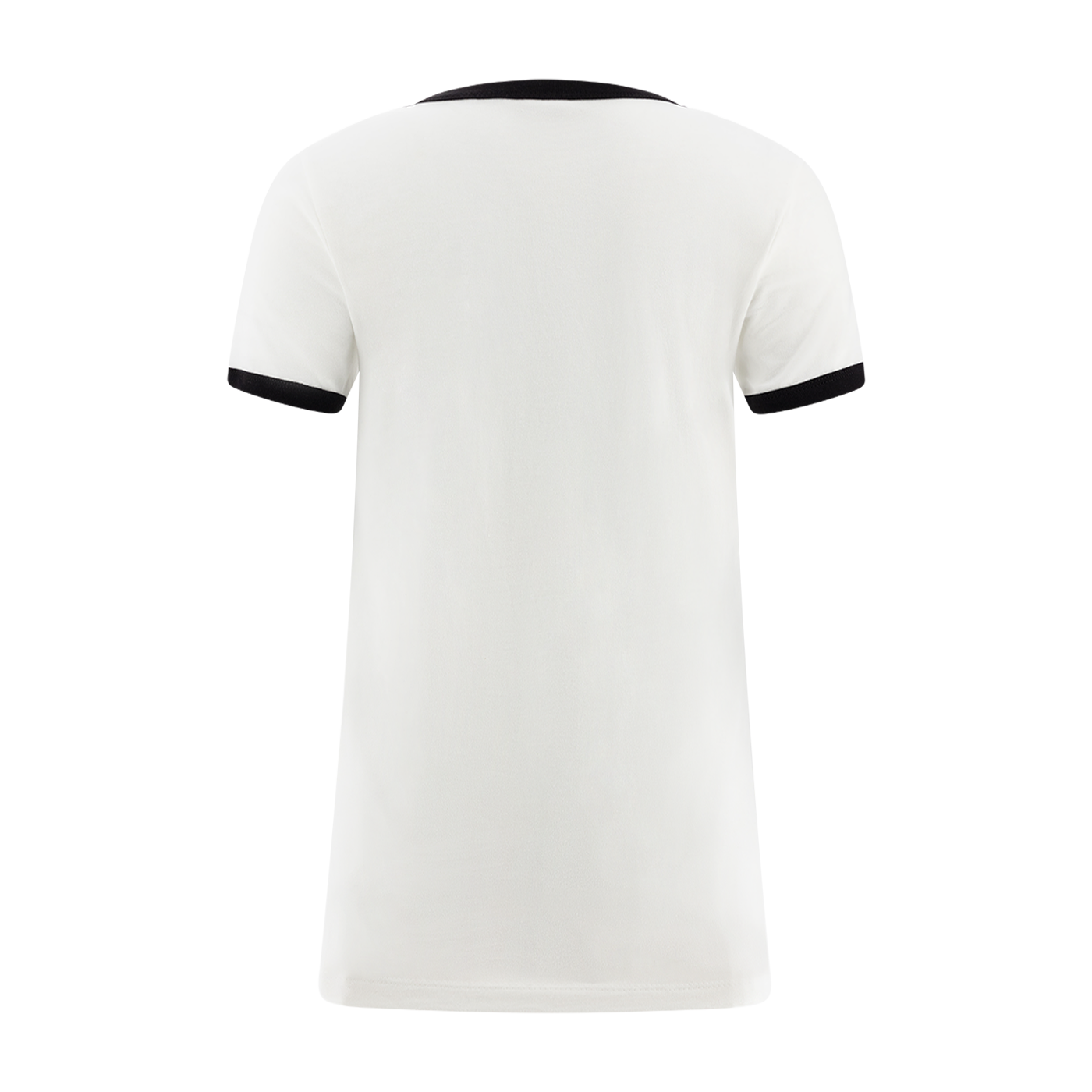 White t-shirt with black trim on a white background
