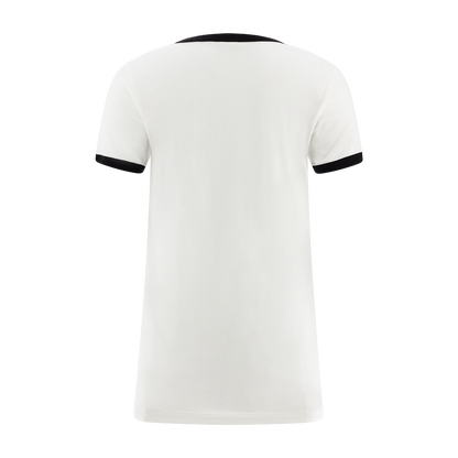 White t-shirt with black trim on a white background