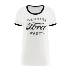 White t-shirt with black ringer sleeves and 'Genuine Ford Parts' text on a white background