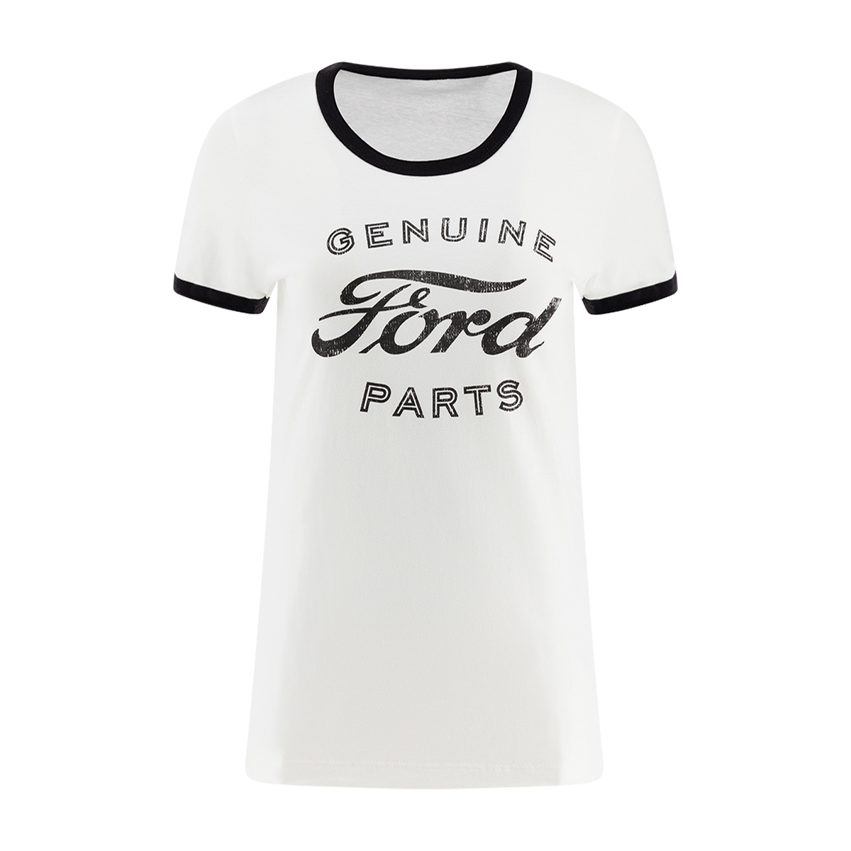 White t-shirt with black ringer sleeves and 'Genuine Ford Parts' text on a white background
