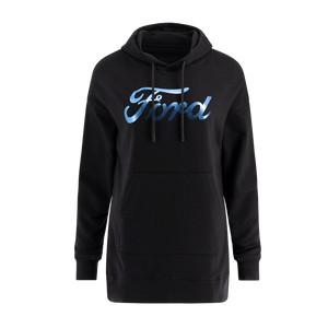 A black pullover hoodie with a longer length, featuring the 'Ford' brand name in blue text across the front.