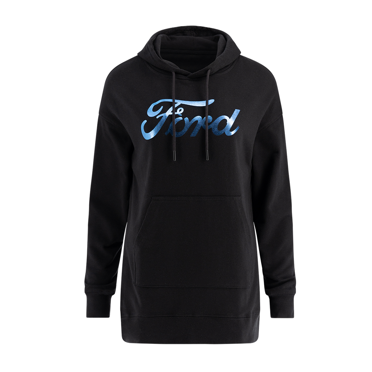 A black pullover hoodie with a longer length, featuring the 'Ford' brand name in blue text across the front.