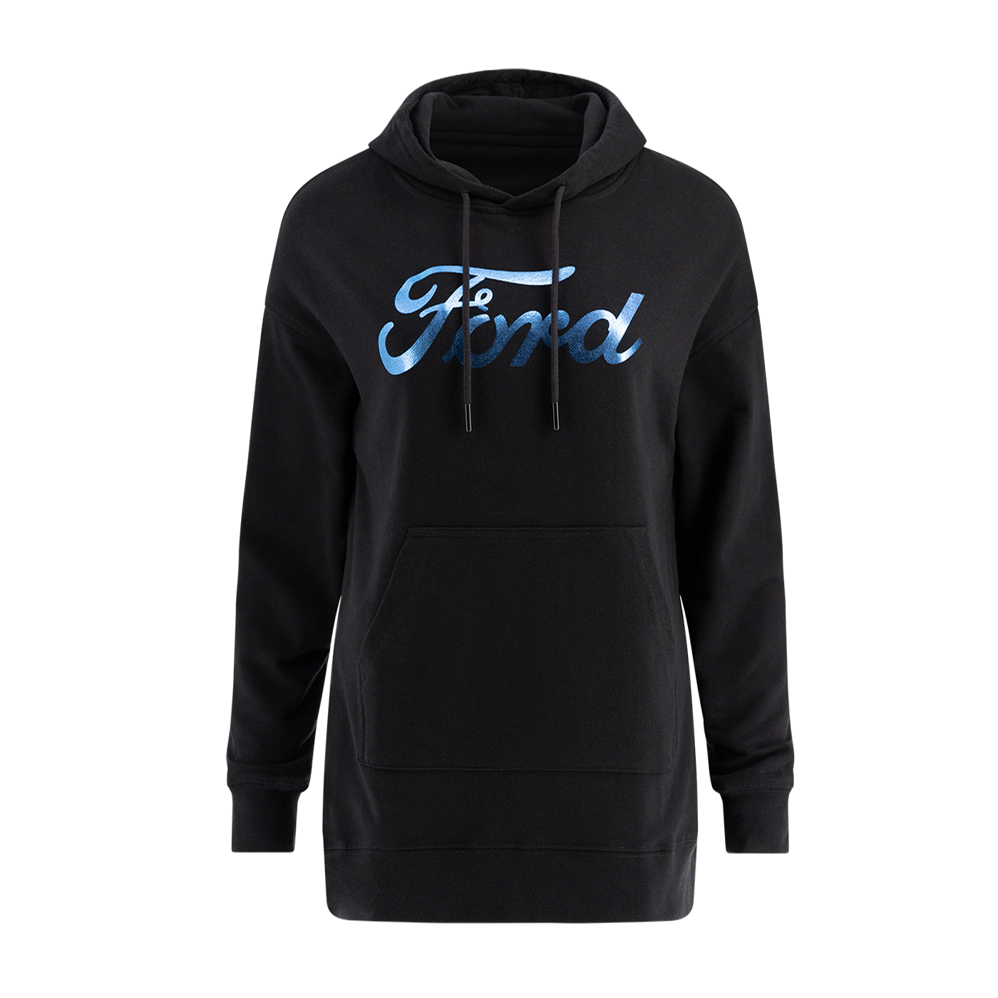 A black pullover hoodie with a longer length, featuring the 'Ford' brand name in blue text across the front.