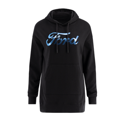 A black pullover hoodie with a longer length, featuring the 'Ford' brand name in blue text across the front.