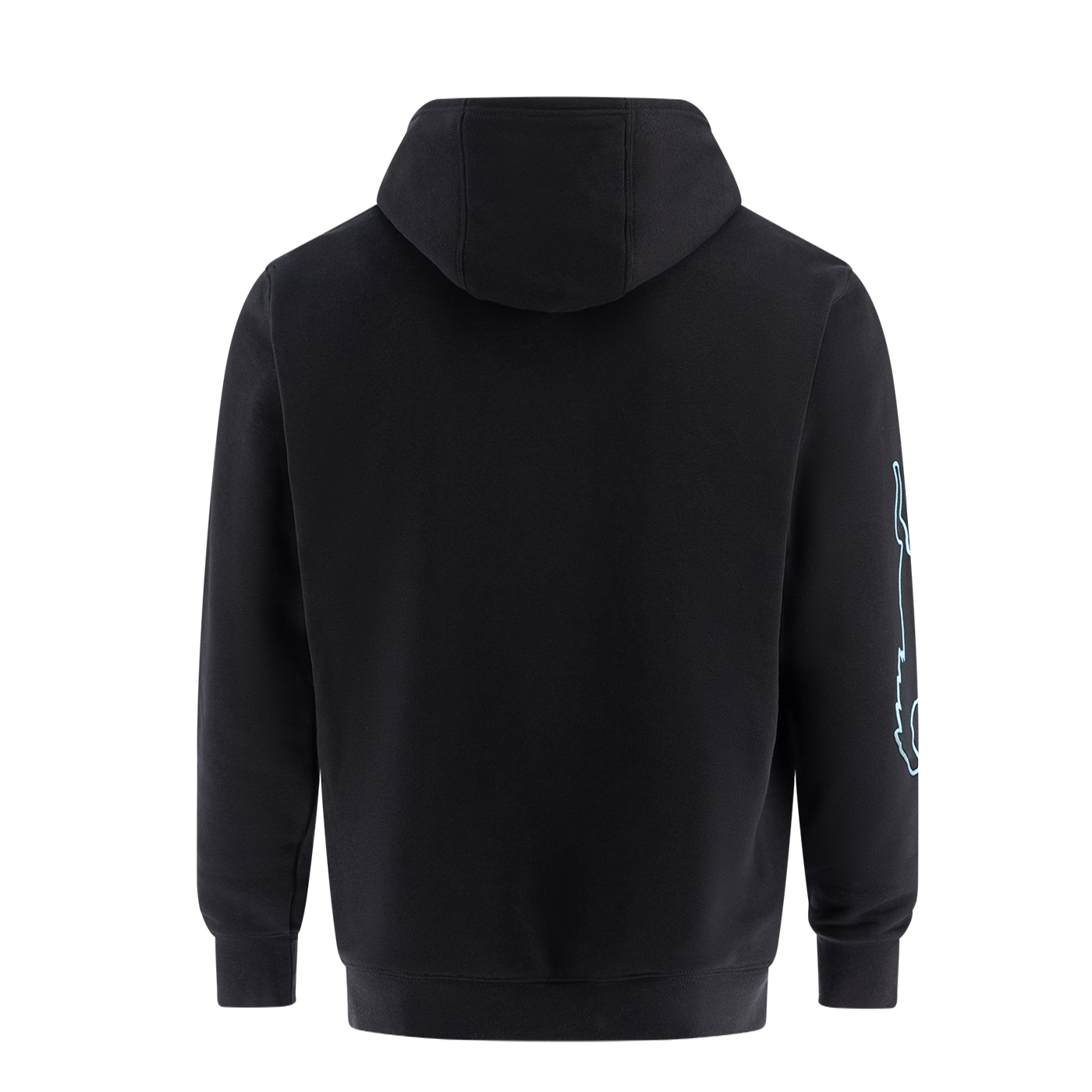 Black hoodie with a logo on the sleeve against a white background
