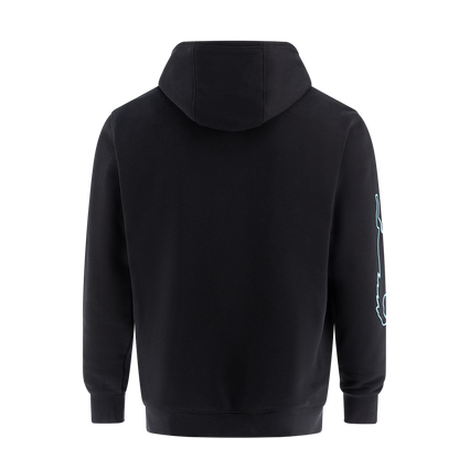 Black hoodie with a logo on the sleeve against a white background