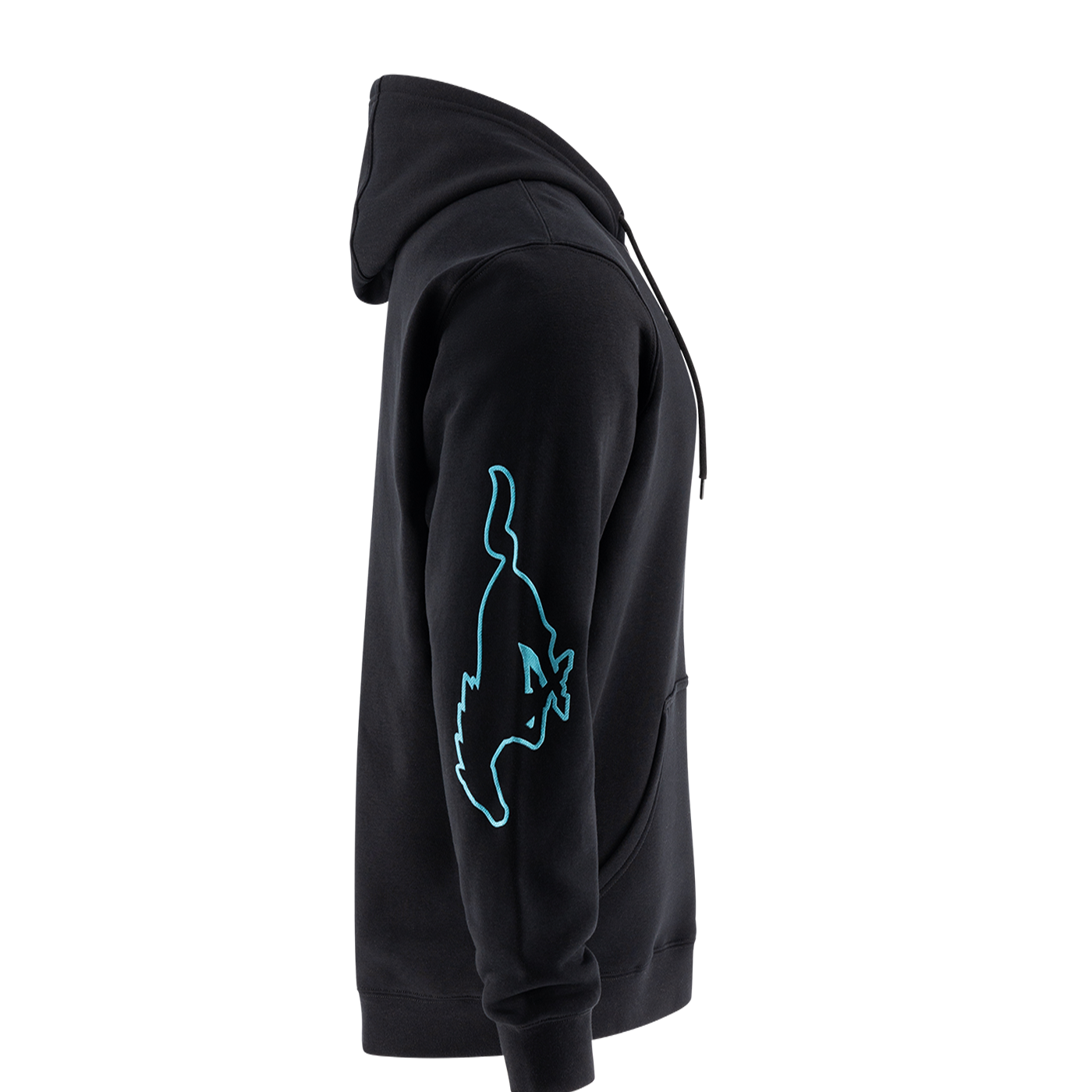 Black hoodie with a blue graphic on the side against a white background