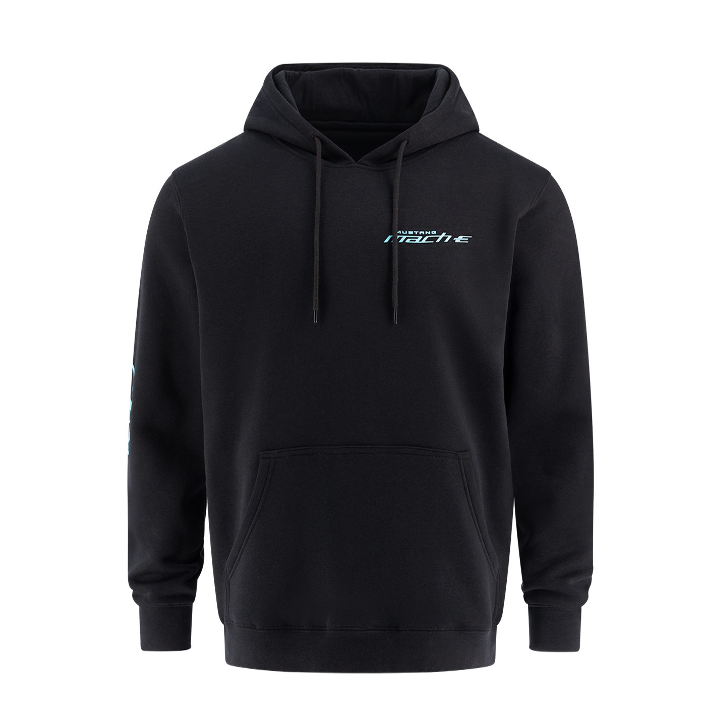 Black hoodie with a logo on the chest against a white background
