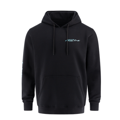 Black hoodie with a logo on the chest against a white background