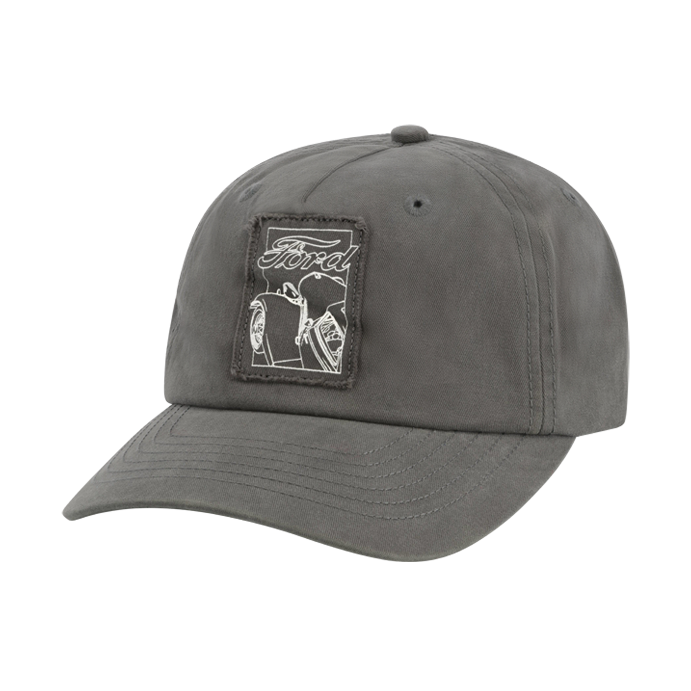 vintage car with ford script outlined patch on charcoal hat 