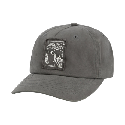 vintage car with ford script outlined patch on charcoal hat 
