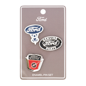 Set of Ford enamel pins on a display card with 'Ford' branding.