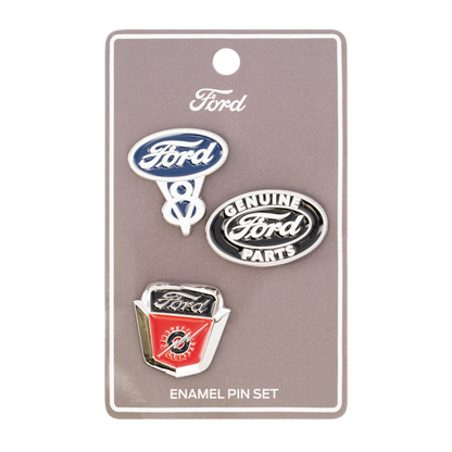 Set of Ford enamel pins on a display card with 'Ford' branding.