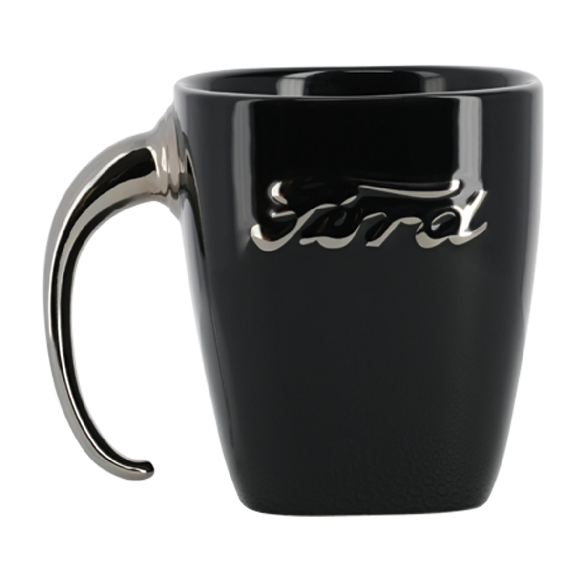 Black mug with a silver handle and logo on a white background