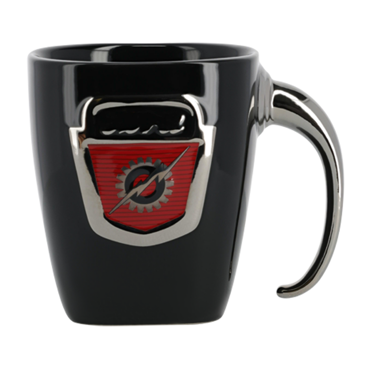 Black mug with a red and silver emblem on a white background