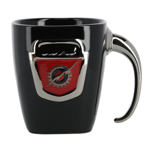 Black mug with a red and silver emblem on a white background
