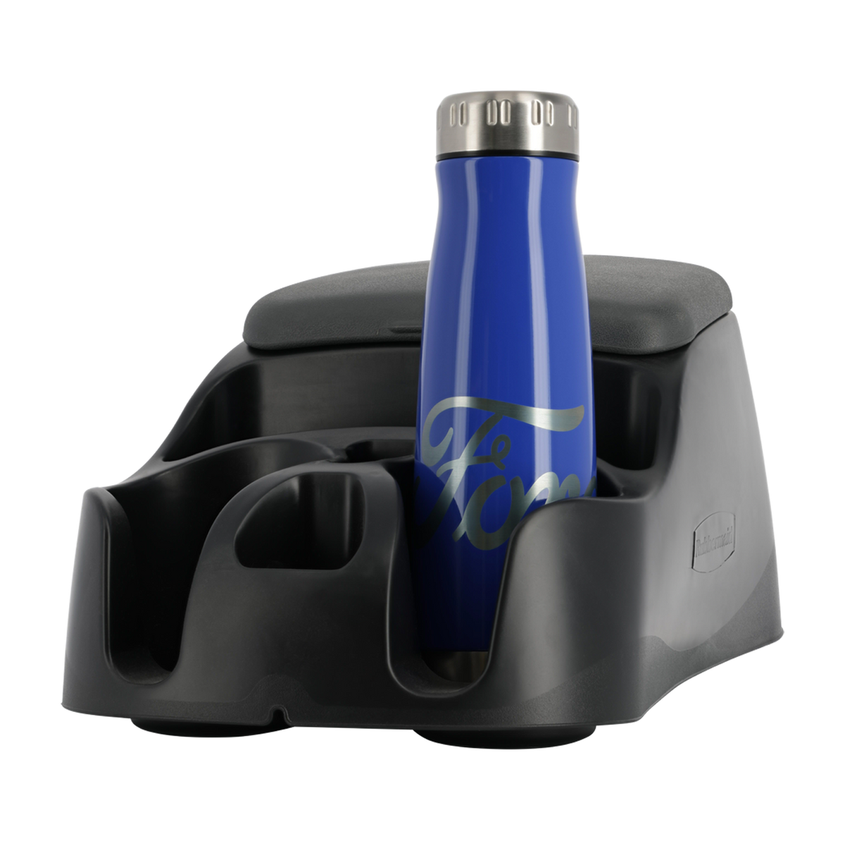 Blue water bottle with silver lid in a black car cup holder on a white background