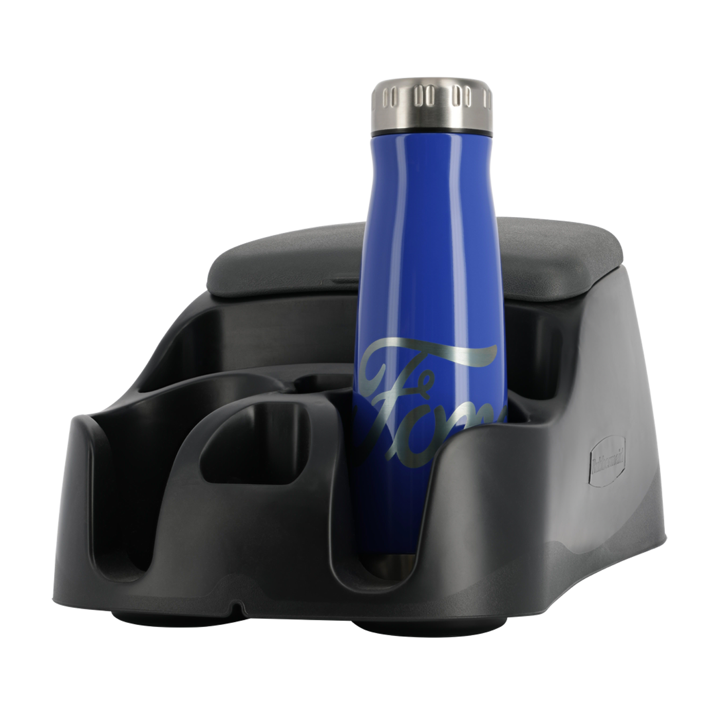 Blue water bottle with silver lid in a black car cup holder on a white background