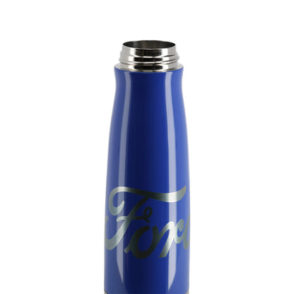 Blue thermos with silver Ford logo on a white background