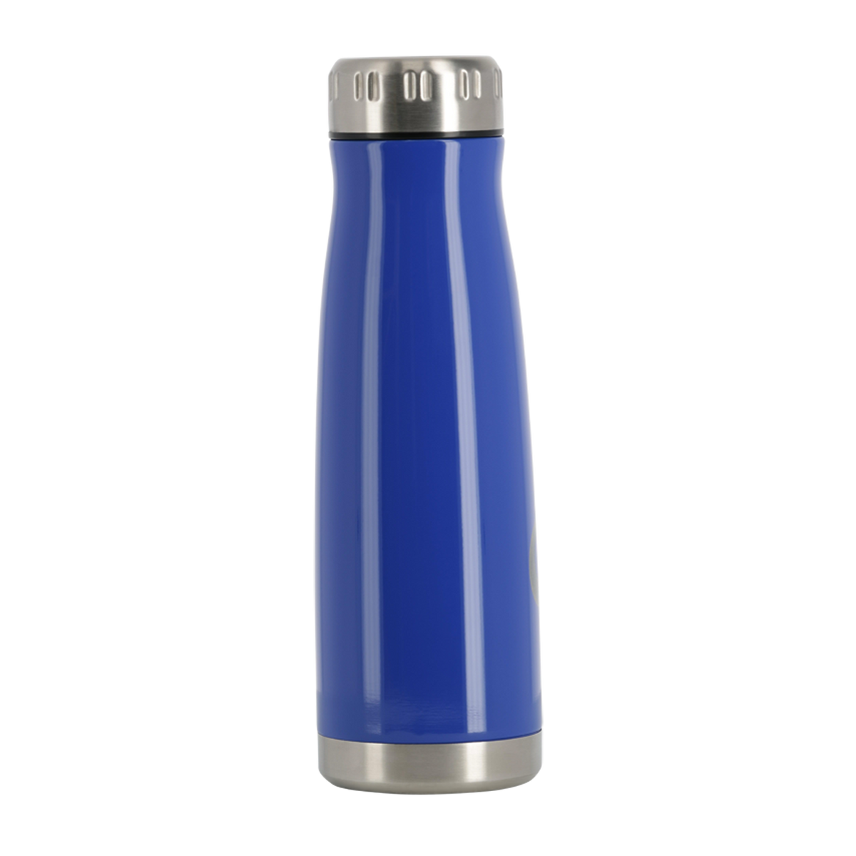 Blue thermos with silver lid on a white background