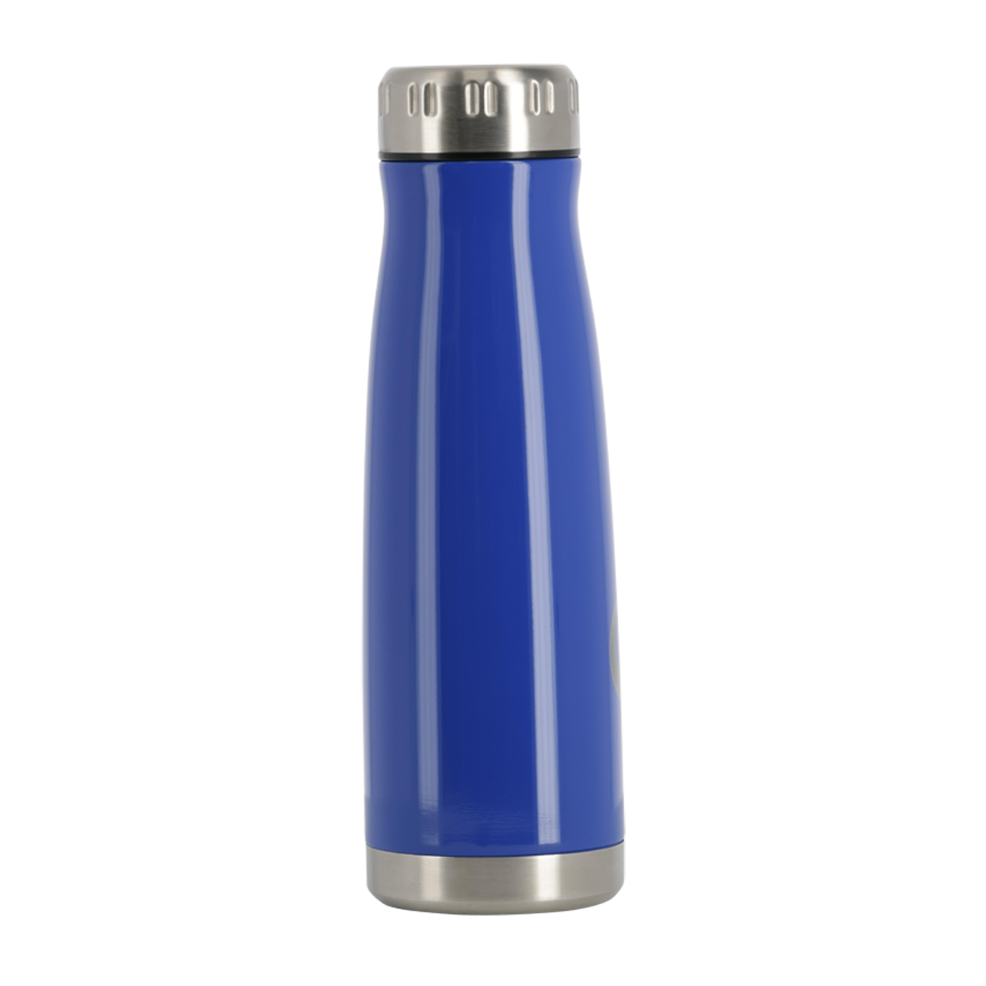 Blue thermos with silver lid on a white background