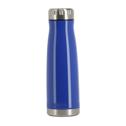 Blue thermos with silver lid on a white background